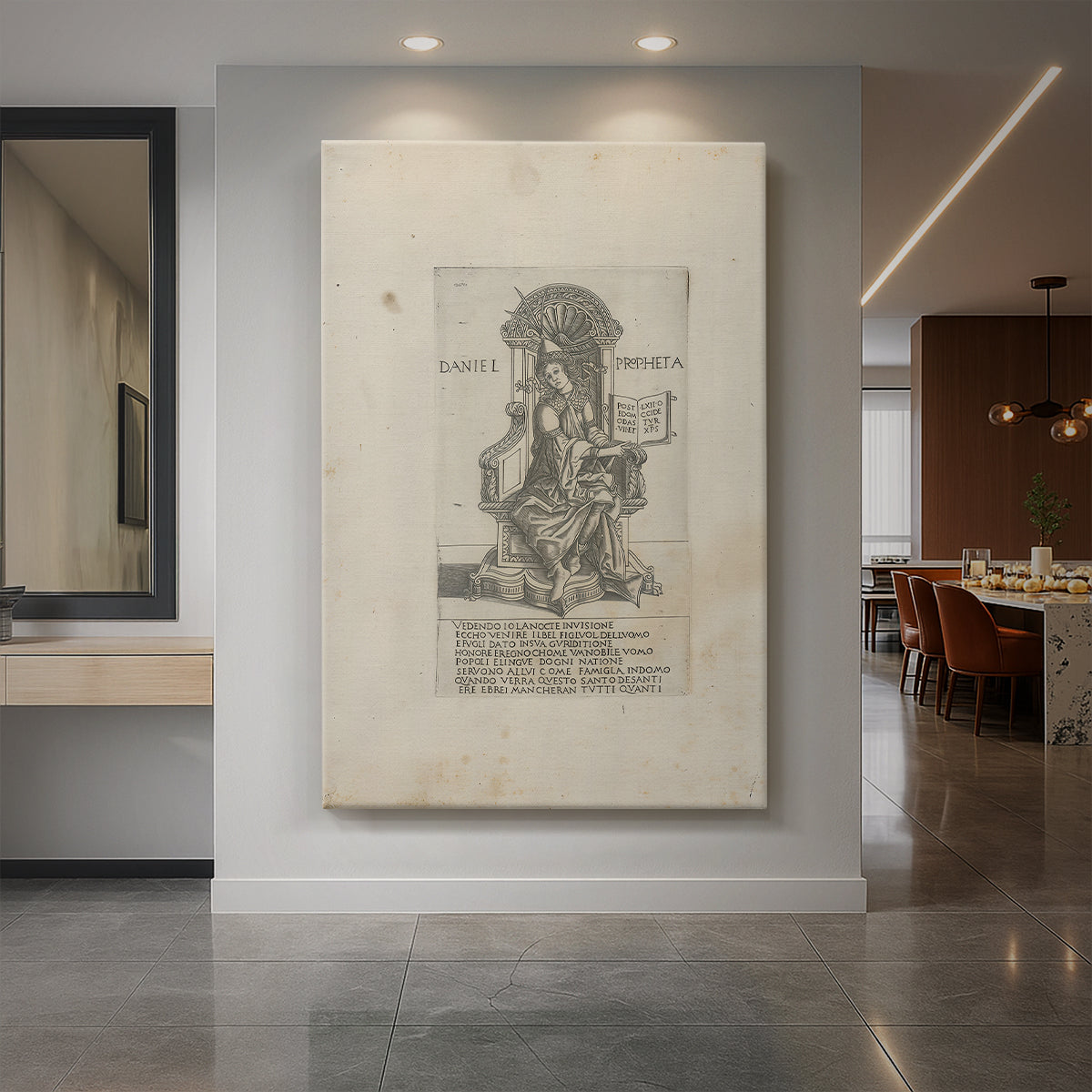 Canvas art print of a monochrome engraving of a standing prophet with fine linework displayed as a statement piece in a spacious interior.