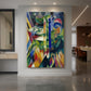 Canvas art print of an expressionist scene of goats in a colorful, abstract mountain setting displayed as a statement piece in a spacious interior.