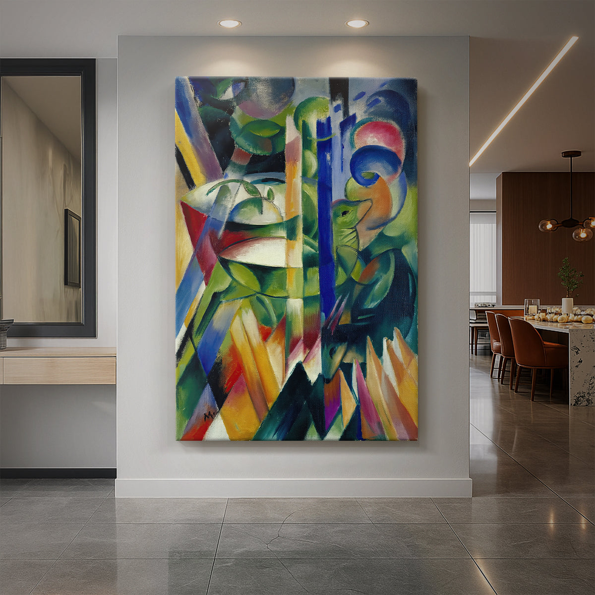 Canvas art print of an expressionist scene of goats in a colorful, abstract mountain setting displayed as a statement piece in a spacious interior.