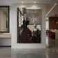 Canvas art print of a Baroque interior of a man and woman in conversation with soft light displayed as a statement piece in a spacious interior.