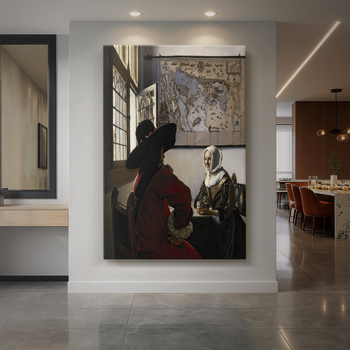 Canvas art print of a Baroque interior of a man and woman in conversation with soft light displayed as a statement piece in a spacious interior.