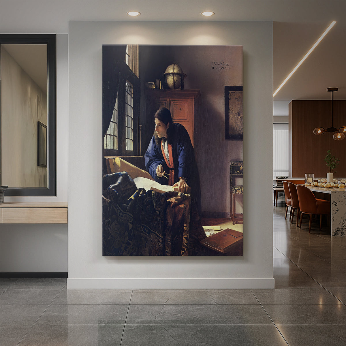 Canvas art print of a Baroque interior scene of a man studying maps by window light displayed as a statement piece in a spacious interior.