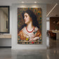 Canvas art print of a Romantic portrait of a woman with flowing hair and ornate decorative detail displayed as a statement piece in a spacious interior.