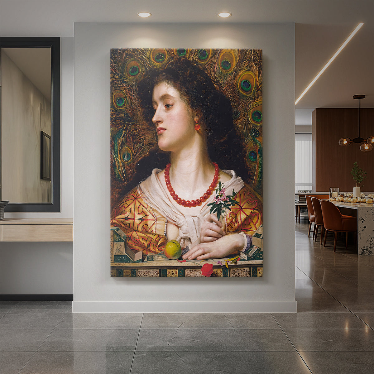 Canvas art print of a Romantic portrait of a woman with flowing hair and ornate decorative detail displayed as a statement piece in a spacious interior.