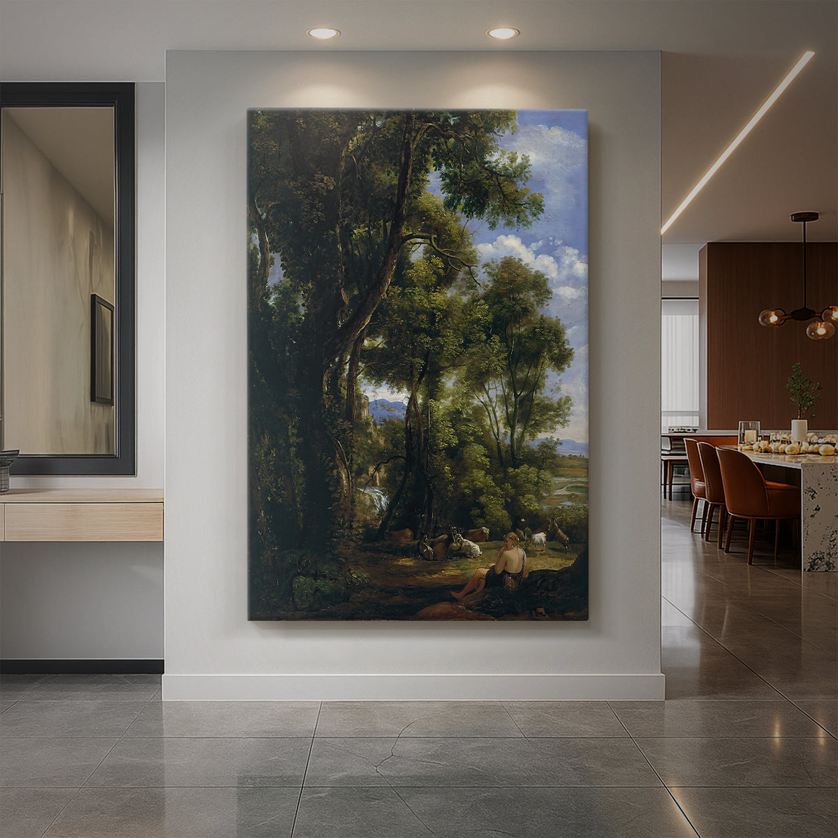 Canvas art print of a pastoral landscape with a goatherd and animals in open terrain displayed as a statement piece in a spacious interior.