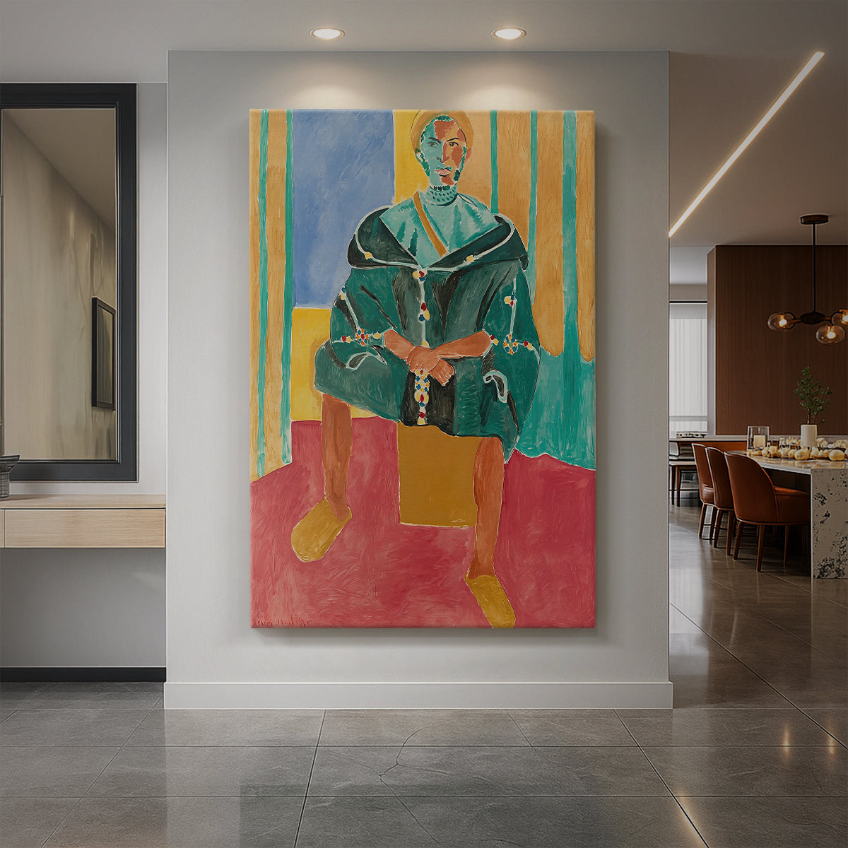 Canvas art print of a fauvist portrait of a seated man in patterned clothing with vivid color displayed as a statement piece in a spacious interior.