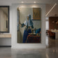 Canvas art print of a Baroque interior of a woman holding a water pitcher near a window displayed as a statement piece in a spacious interior.