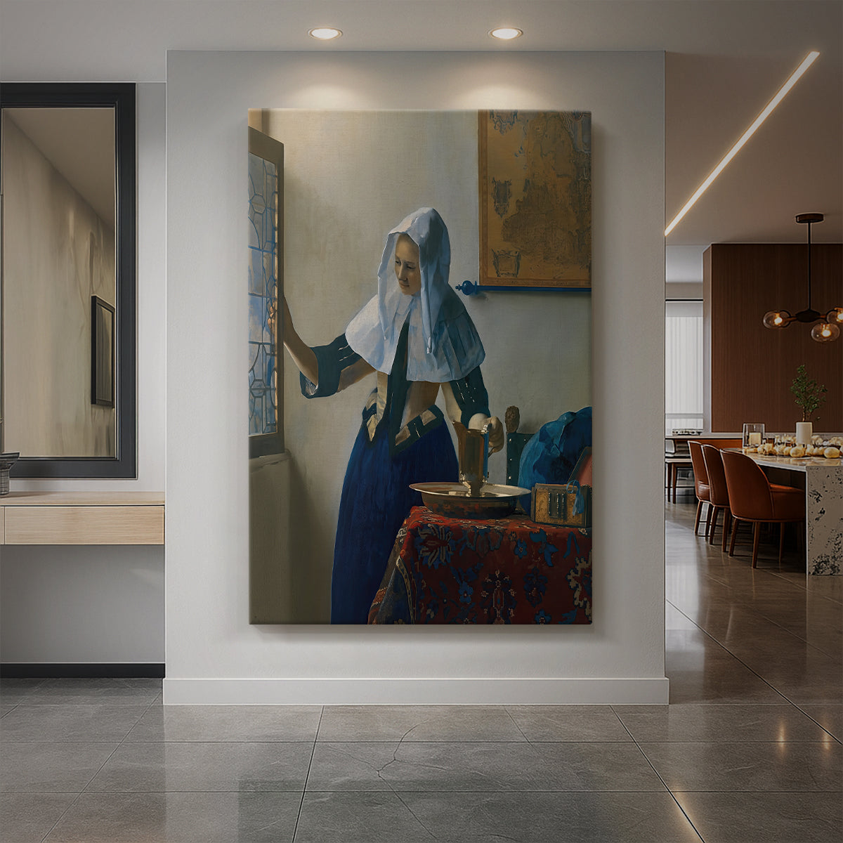 Canvas art print of a Baroque interior of a woman holding a water pitcher near a window displayed as a statement piece in a spacious interior.