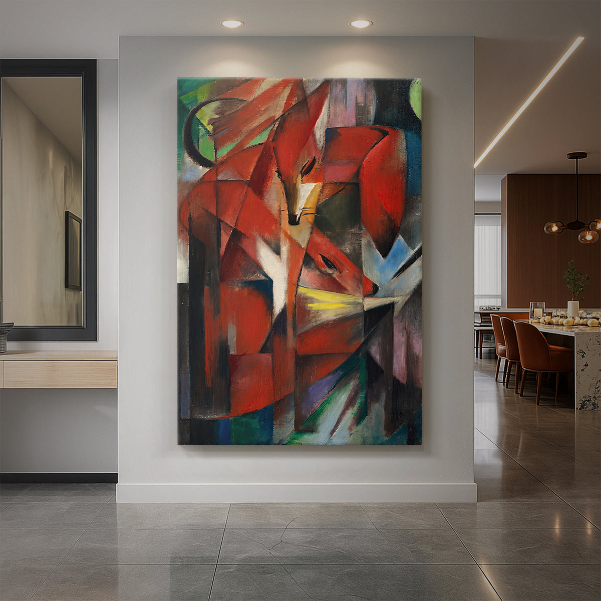 Canvas art print of an expressionist composition of foxes with sharp geometric forms and vivid color displayed as a statement piece in a spacious interior.