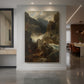 Canvas art print of a Romantic landscape with a waterfall flowing through rugged terrain displayed as a statement piece in a spacious interior.