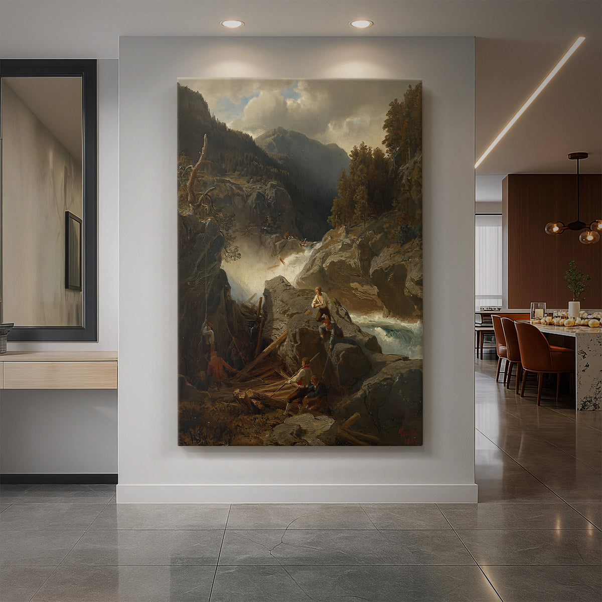 Canvas art print of a Romantic landscape with a waterfall flowing through rugged terrain displayed as a statement piece in a spacious interior.