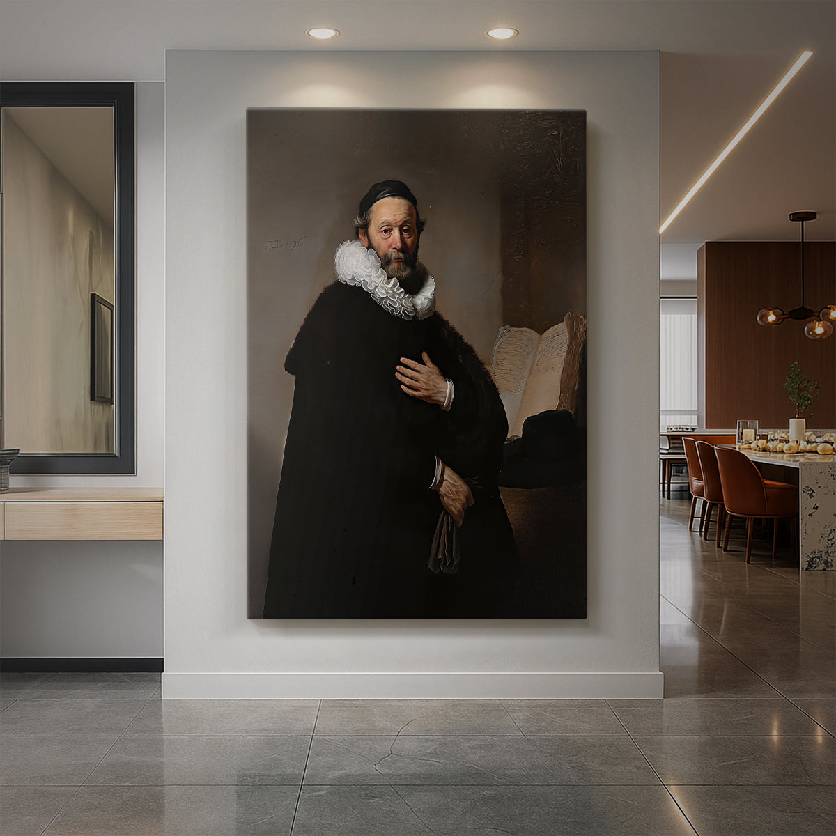 Canvas art print of a Baroque portrait of a seated man in dark clothing with soft light displayed as a statement piece in a spacious interior.