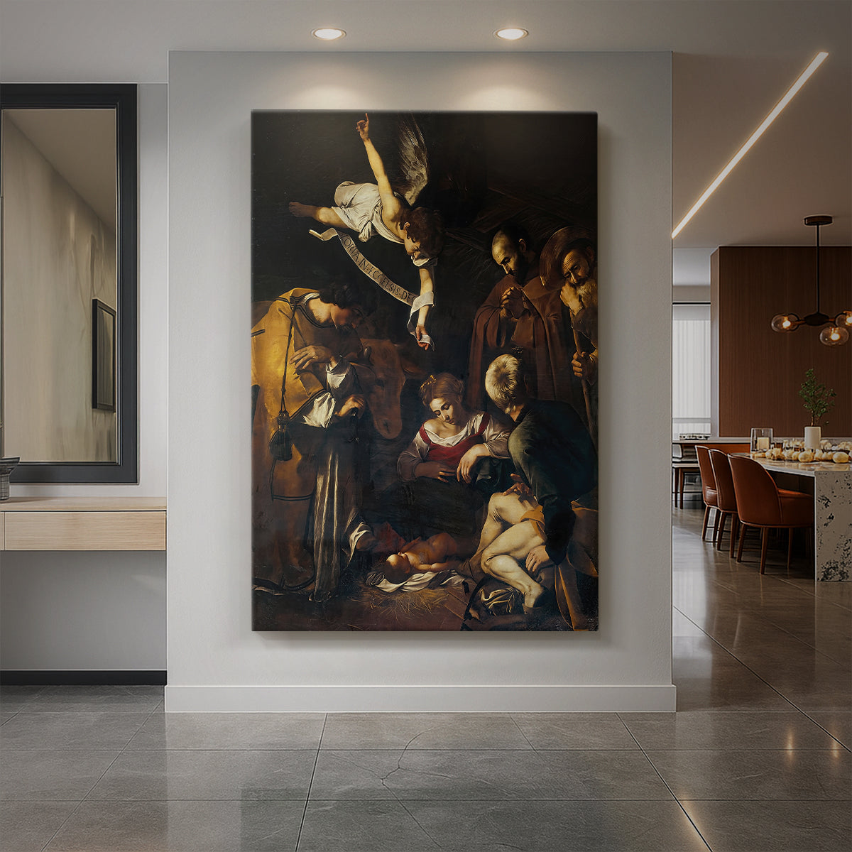 Canvas art print of a Baroque nativity scene with figures gathered in a dimly lit space displayed as a statement piece in a spacious interior.