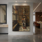 Canvas art print of a realistic interior scene of a seated man in a dimly lit room displayed as a statement piece in a spacious interior.