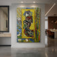 Canvas art print of an expressive portrait of a woman with bold outlines and vibrant color displayed as a statement piece in a spacious interior.