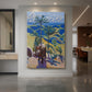 Canvas art print of an expressive scene of a rhinoceros among tall trees in a vivid landscape displayed as a statement piece in a spacious interior.