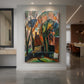 Canvas art print of an expressionist landscape of a farm with bold color and angular forms displayed as a statement piece in a spacious interior.