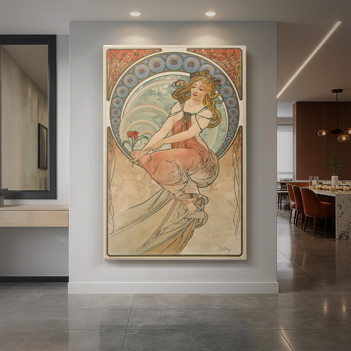 Canvas art print of an Art Nouveau illustration of a woman representing painting with ornate details displayed as a statement piece in a spacious interior.