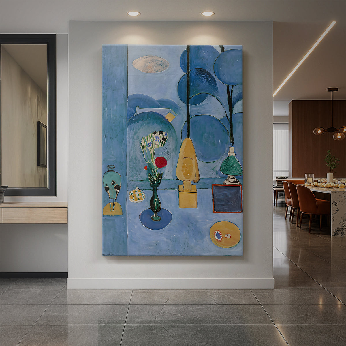 Canvas art print of a fauvist still life of a window scene with flowers and bold blue tones displayed as a statement piece in a spacious interior.