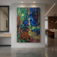Canvas art print of an expressionist woodland scene with deer and fractured color planes displayed as a statement piece in a spacious interior.