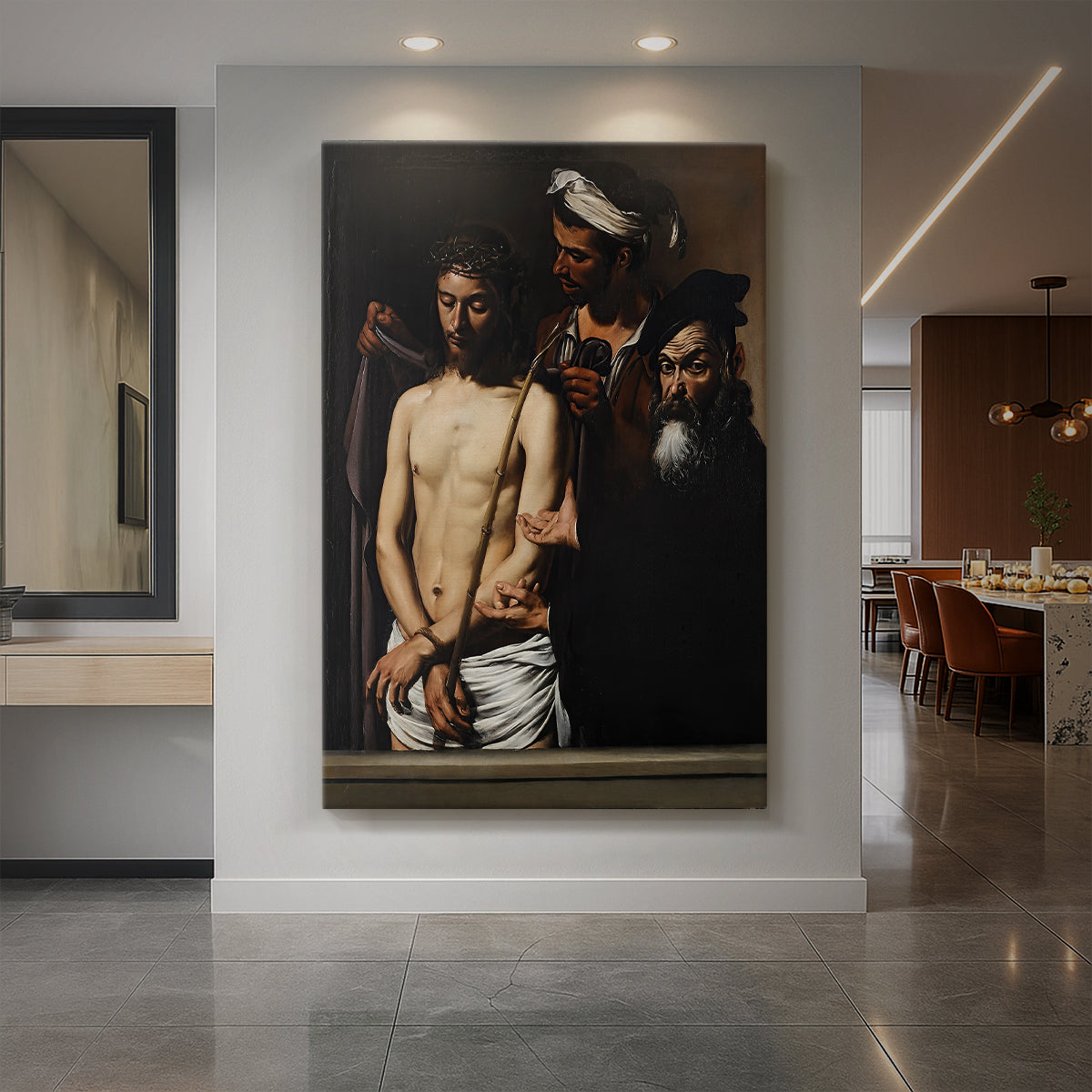 Canvas art print of a Baroque scene of Christ presented to a crowd with dramatic lighting displayed as a statement piece in a spacious interior.