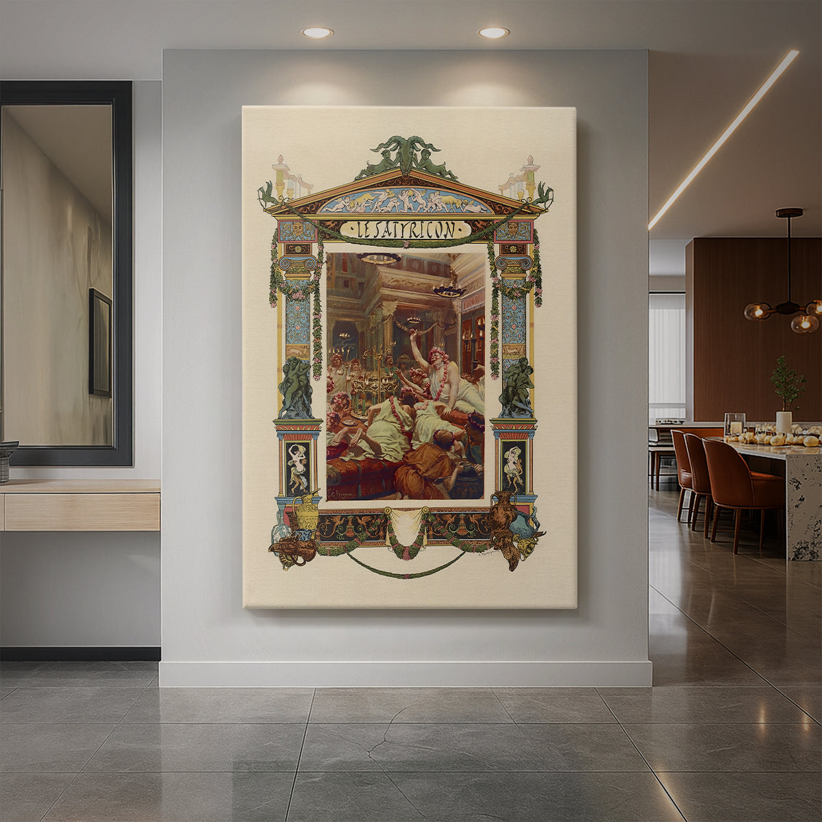 Canvas art print of an Art Nouveau illustration of a banquet scene with multiple figures displayed as a statement piece in a spacious interior.