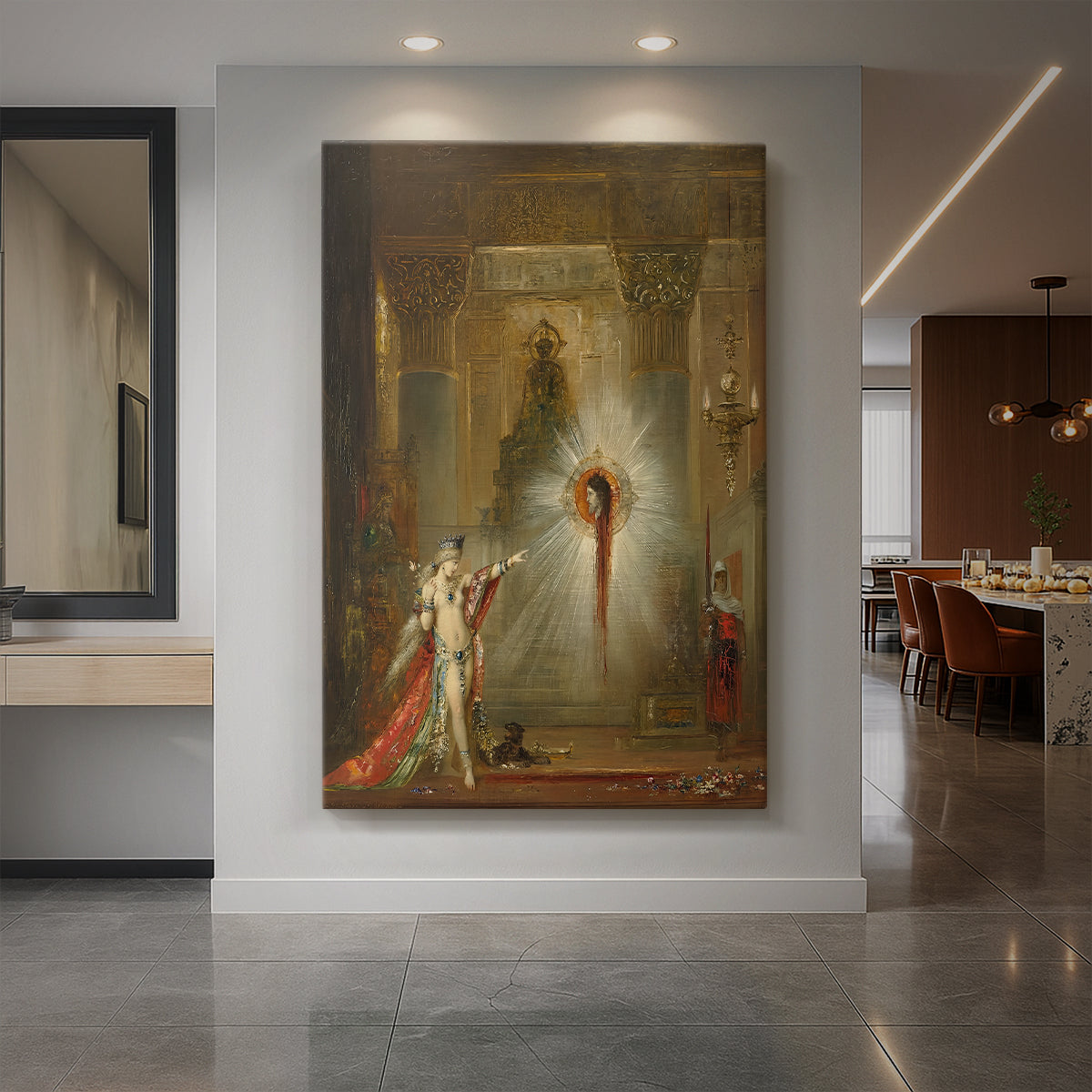 Canvas art print of a symbolic scene of a glowing vision appearing before a female figure displayed as a statement piece in a spacious interior.