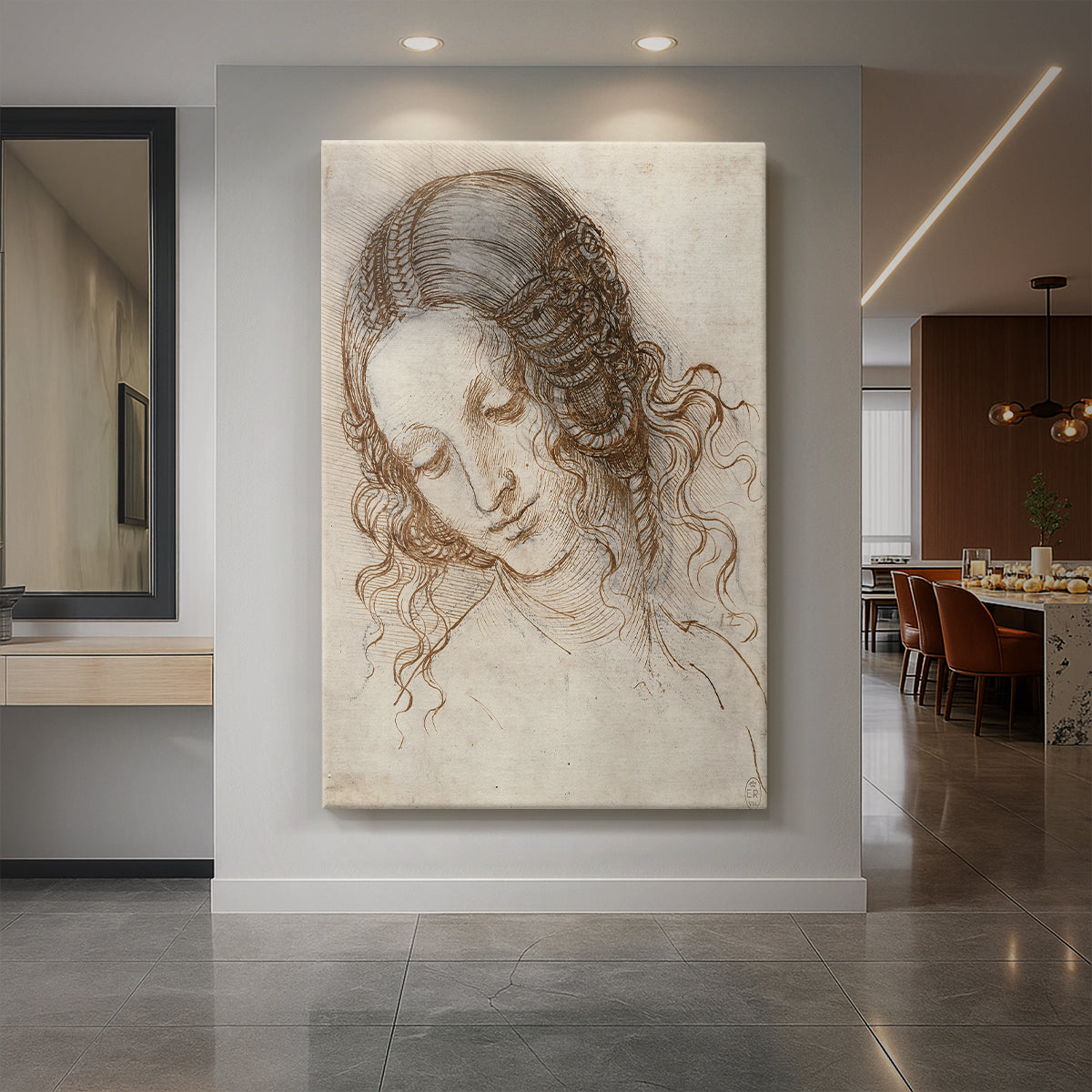 Canvas art print of a Renaissance drawing of a female head with soft shading and delicate features displayed as a statement piece in a spacious interior.