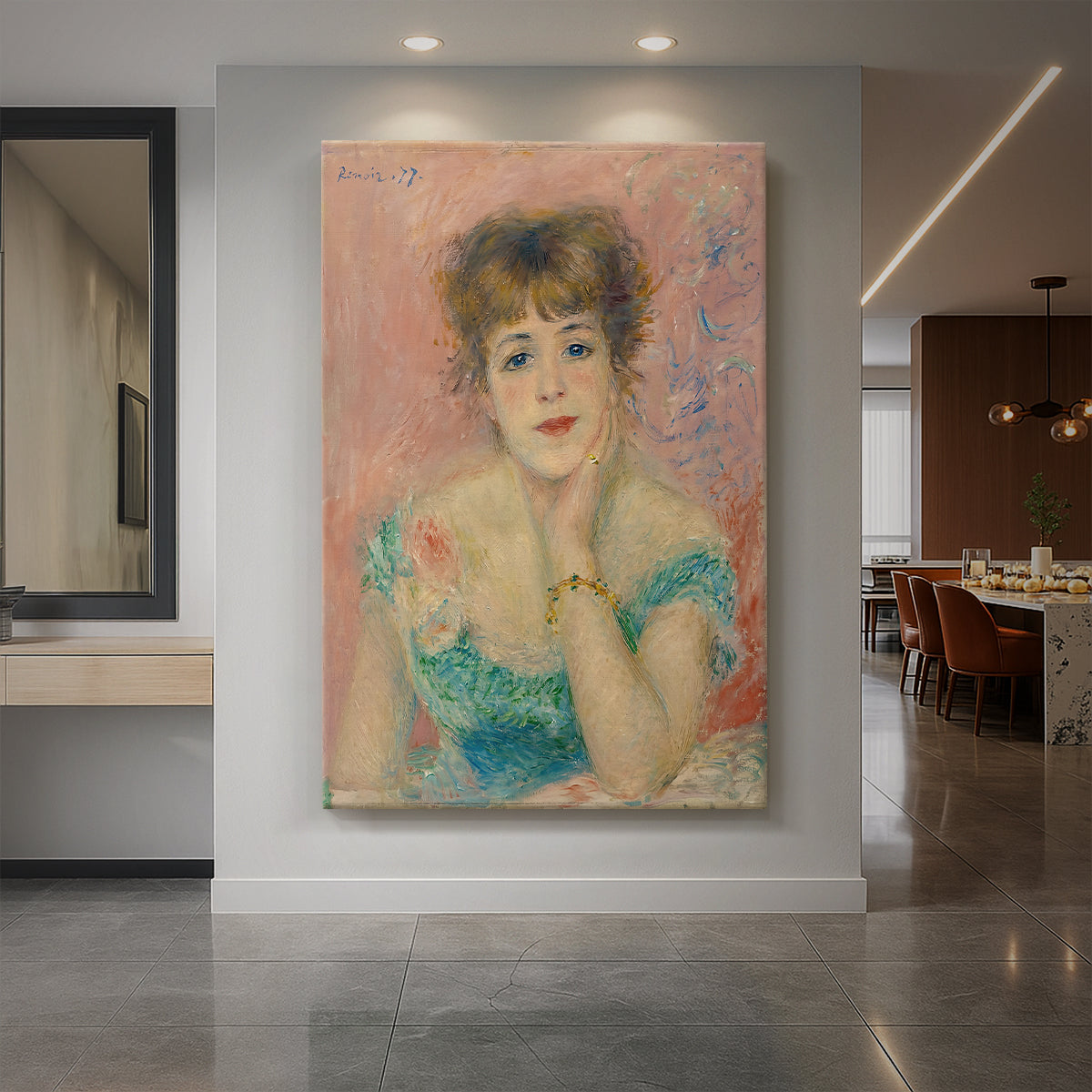Canvas art print of an impressionist portrait of an actress with bright tones and lively expression displayed as a statement piece in a spacious interior.