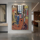 Canvas art print of a fauvist interior scene of figures gathered in a patterned room displayed as a statement piece in a spacious interior.