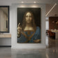 Canvas art print of a Renaissance portrait of a man holding a crystal orb against a dark background displayed as a statement piece in a spacious interior.