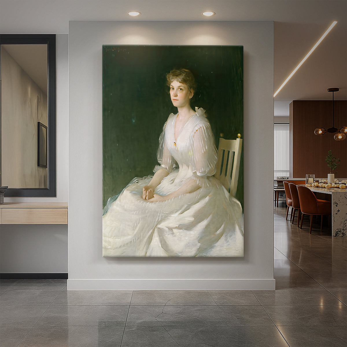 Canvas art print of an impressionist portrait of a seated woman in white with soft light displayed as a statement piece in a spacious interior.
