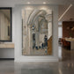 Canvas art print of a realistic architectural interior with tall arches and soft filtered light displayed as a statement piece in a spacious interior.