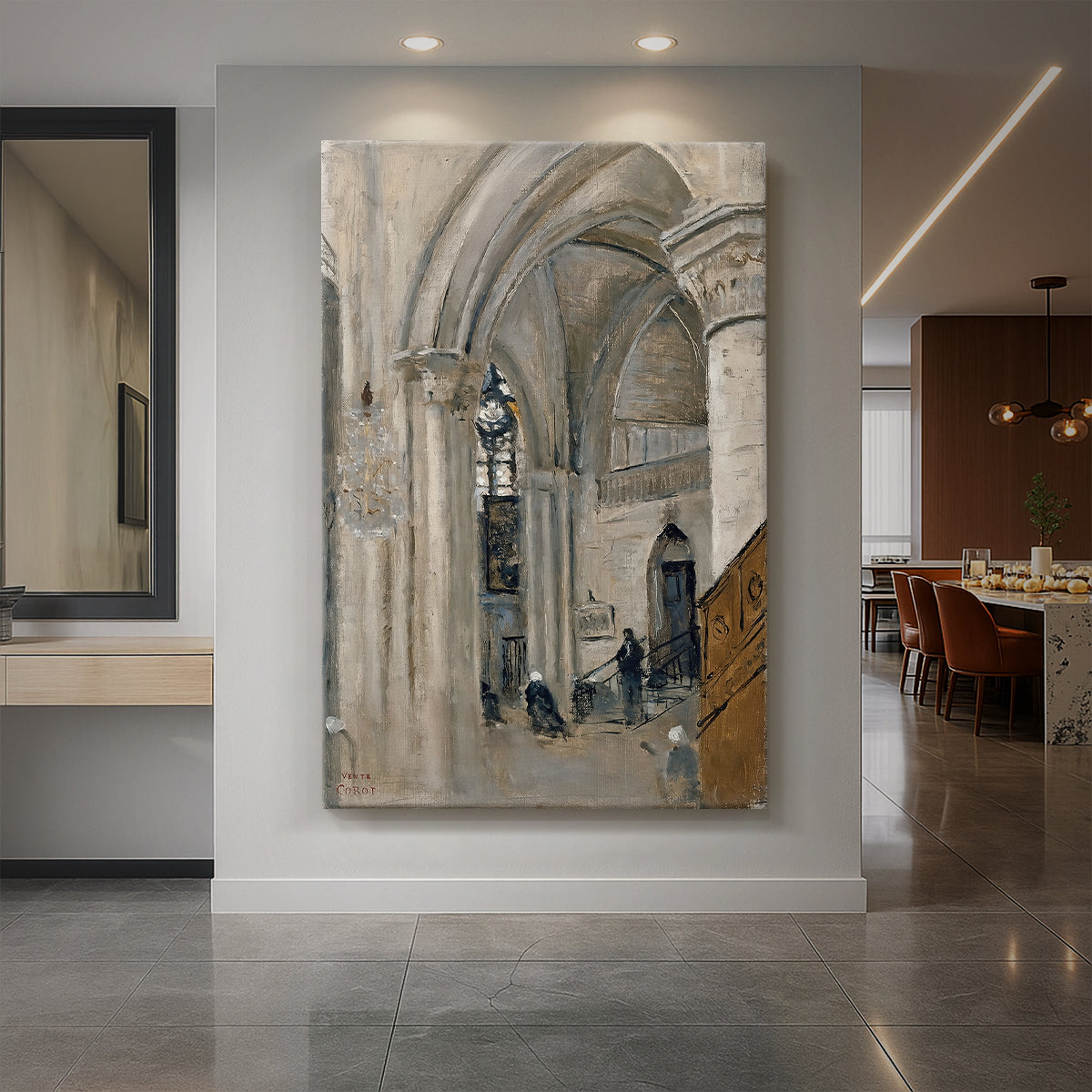 Canvas art print of a realistic architectural interior with tall arches and soft filtered light displayed as a statement piece in a spacious interior.