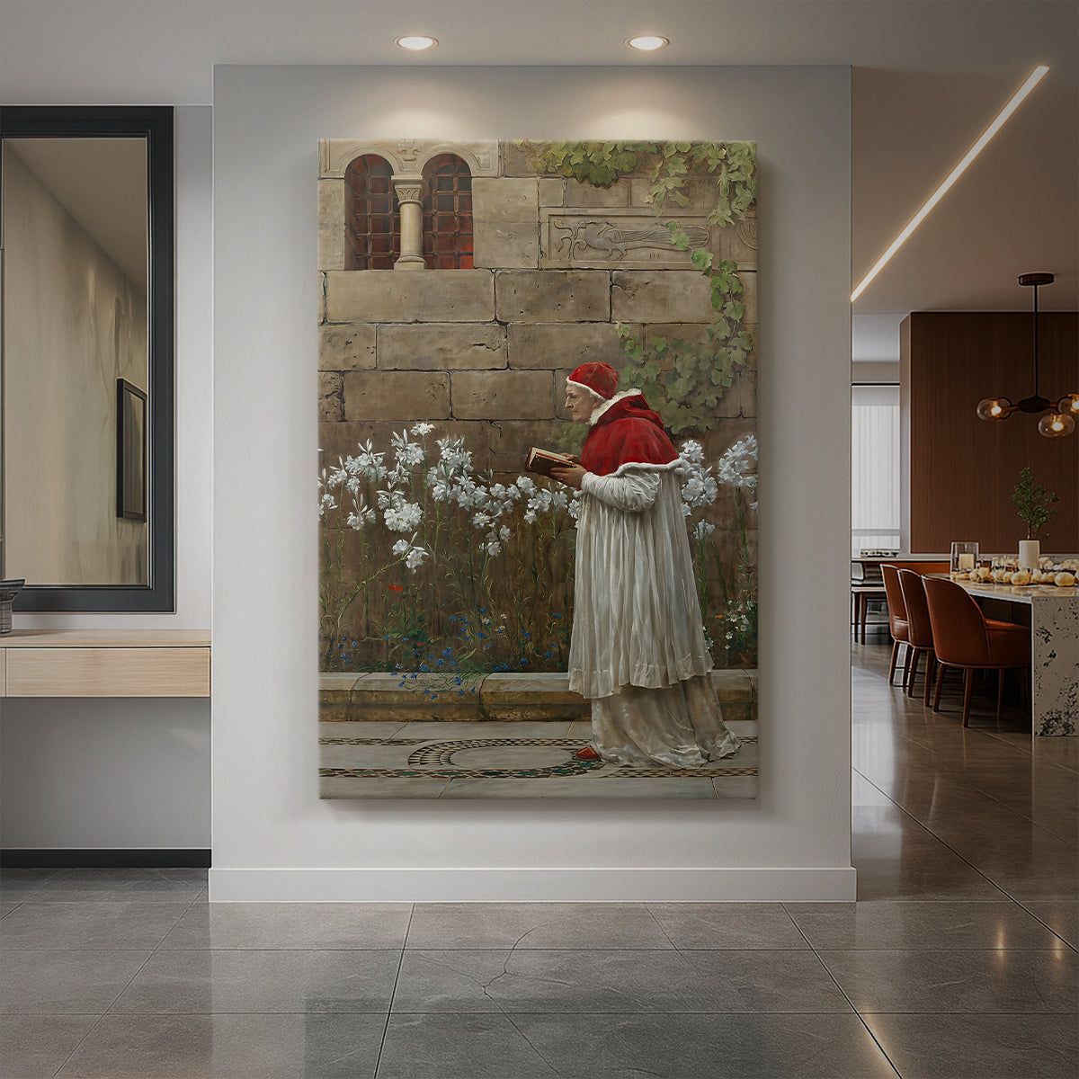 Canvas art print of a formal portrait of a seated pope in red robes within an interior setting displayed as a statement piece in a spacious interior.