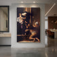 Canvas art print of a Baroque scene of the Madonna with pilgrims in a dim interior setting displayed as a statement piece in a spacious interior.