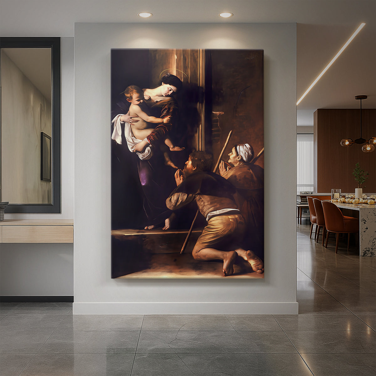 Canvas art print of a Baroque scene of the Madonna with pilgrims in a dim interior setting displayed as a statement piece in a spacious interior.