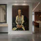Canvas art print of a realistic portrait of a man seated in formal attire with soft lighting displayed as a statement piece in a spacious interior.