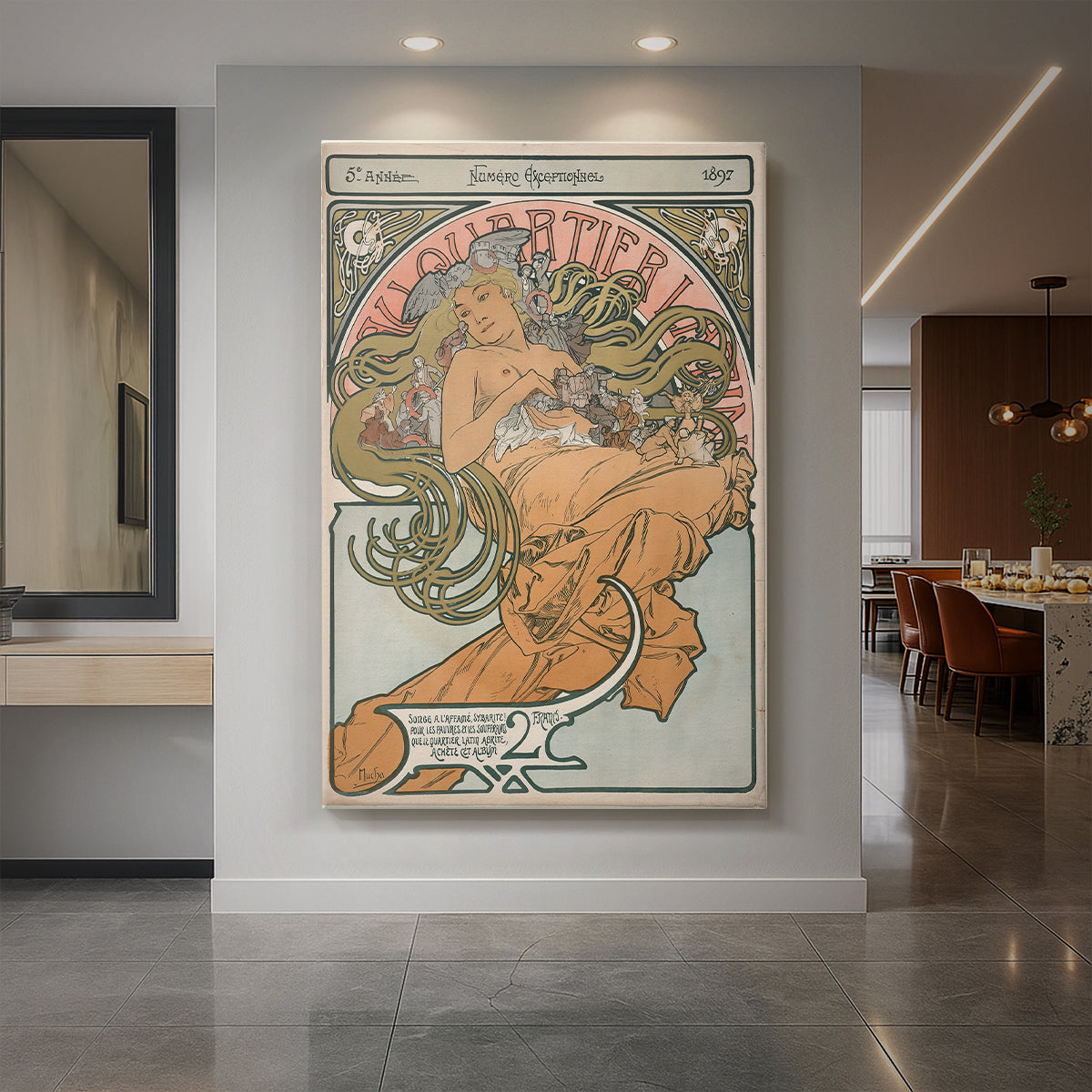Canvas art print of an Art Nouveau poster of a woman with ornate details and decorative typography displayed as a statement piece in a spacious interior.