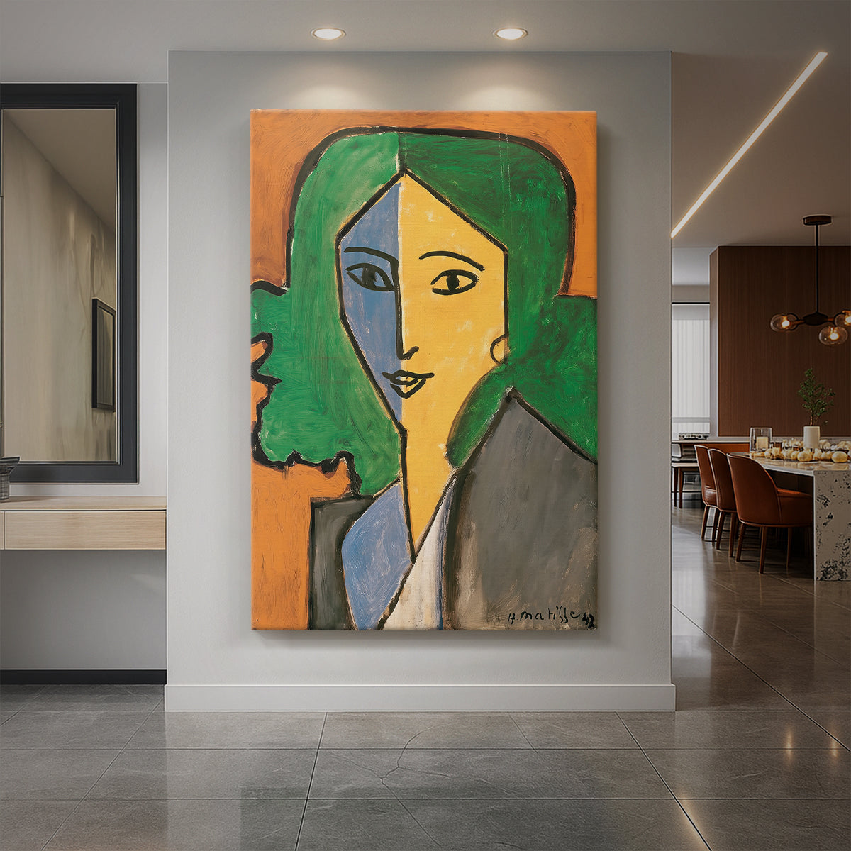 Canvas art print of a modern portrait of a woman with bold color blocks and simplified features displayed as a statement piece in a spacious interior.