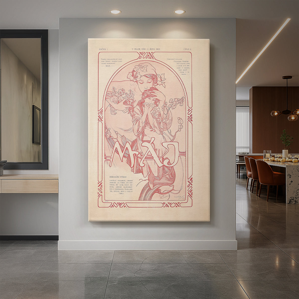 Canvas art print of an Art Nouveau illustration of a woman symbolizing spring with soft floral details displayed as a statement piece in a spacious interior.