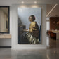 Canvas art print of a Baroque interior of a seated woman at a virginal with soft light displayed as a statement piece in a spacious interior.