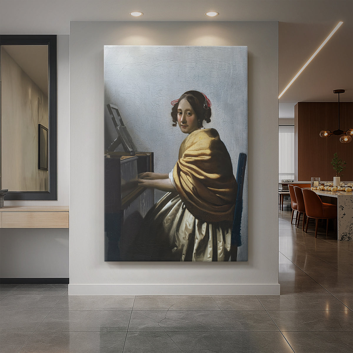 Canvas art print of a Baroque interior of a seated woman at a virginal with soft light displayed as a statement piece in a spacious interior.