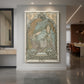 Canvas art print of an Art Nouveau illustration of a princess with ornate details and flowing design displayed as a statement piece in a spacious interior.
