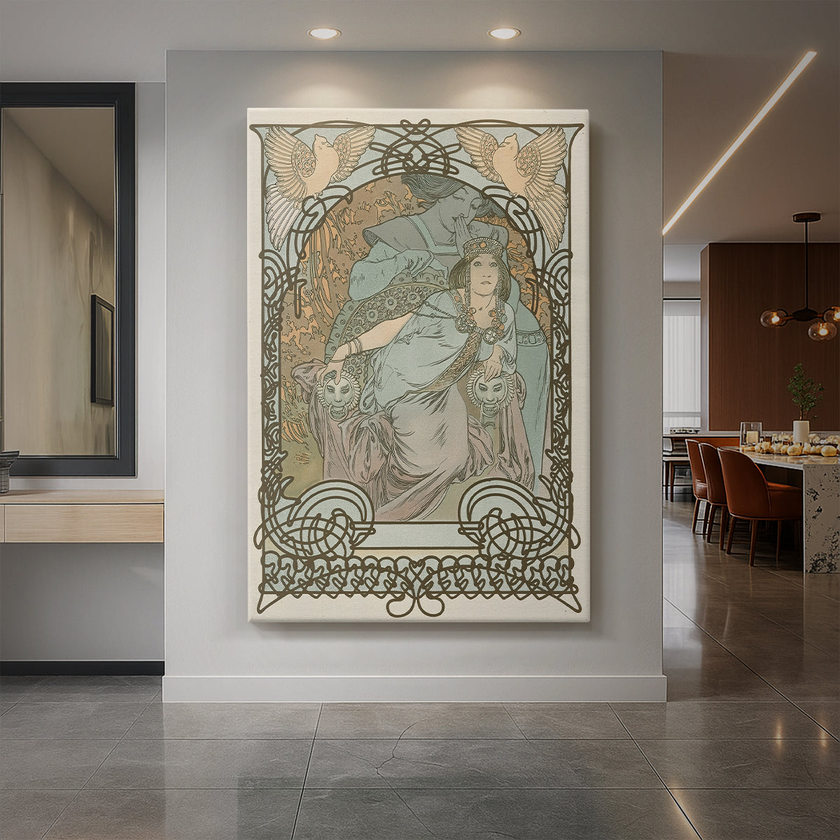 Canvas art print of an Art Nouveau illustration of a princess with ornate details and flowing design displayed as a statement piece in a spacious interior.