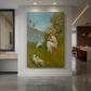 Canvas art print of a woodland scene of a young woman relaxing in a field with lambs displayed as a statement piece in a spacious interior.