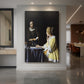 Canvas art print of a Baroque interior of two women exchanging a letter in soft light displayed as a statement piece in a spacious interior.