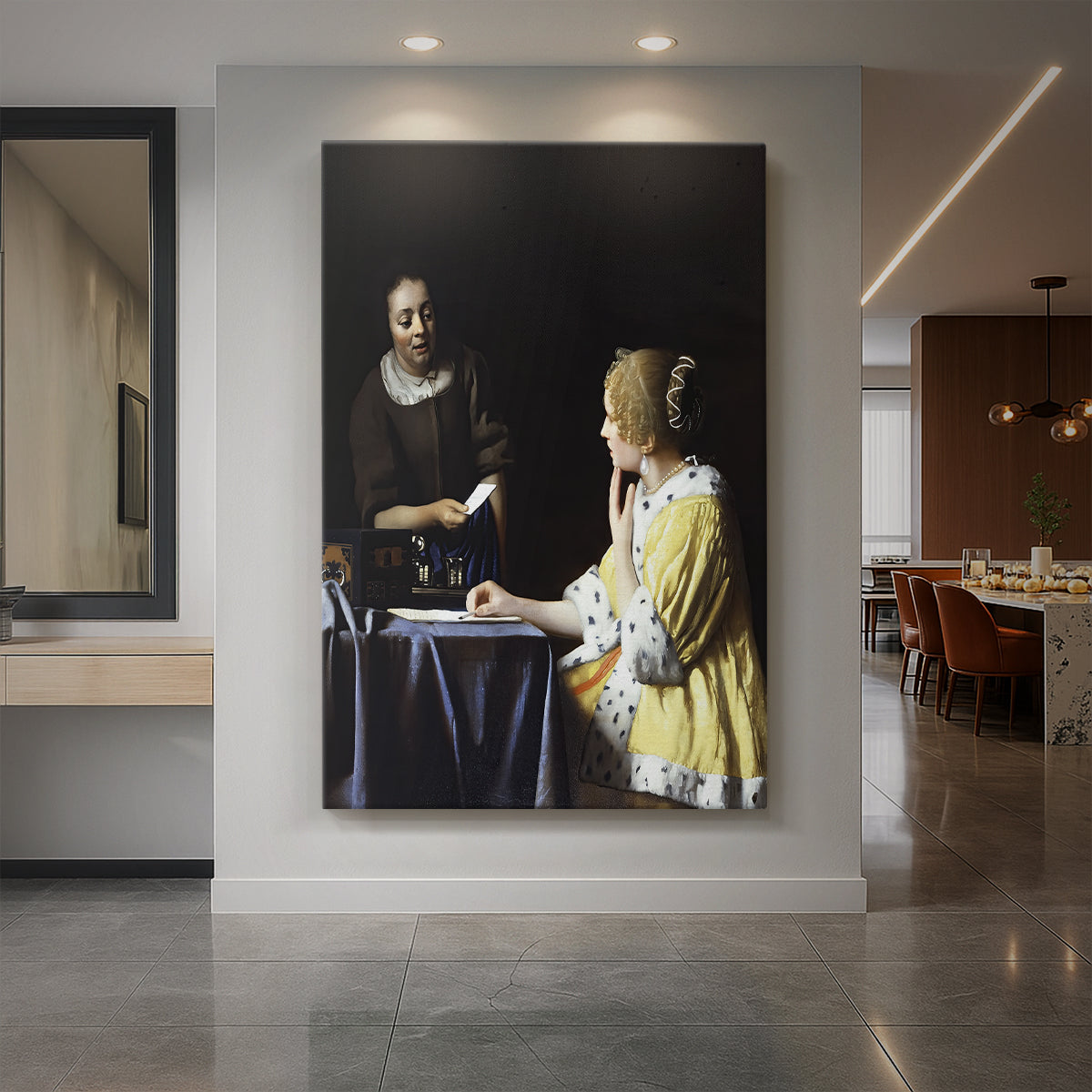Canvas art print of a Baroque interior of two women exchanging a letter in soft light displayed as a statement piece in a spacious interior.