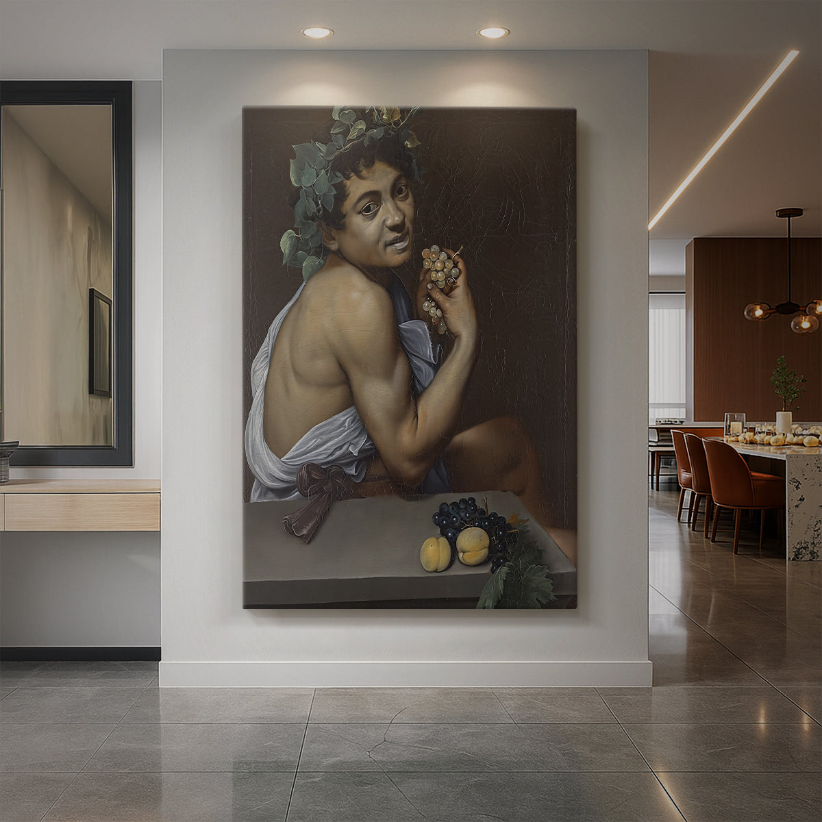 Canvas art print of a Baroque portrait of a young man with fruit and dramatic lighting displayed as a statement piece in a spacious interior.