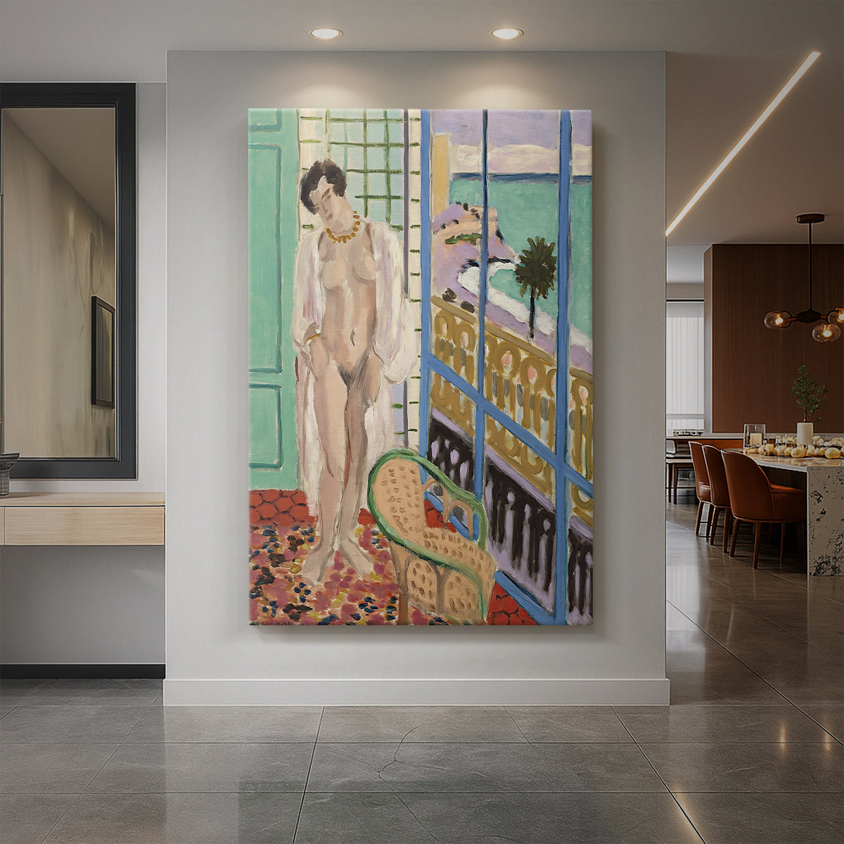 Canvas art print of a fauvist scene of a nude figure standing beside a window in soft light displayed as a statement piece in a spacious interior.